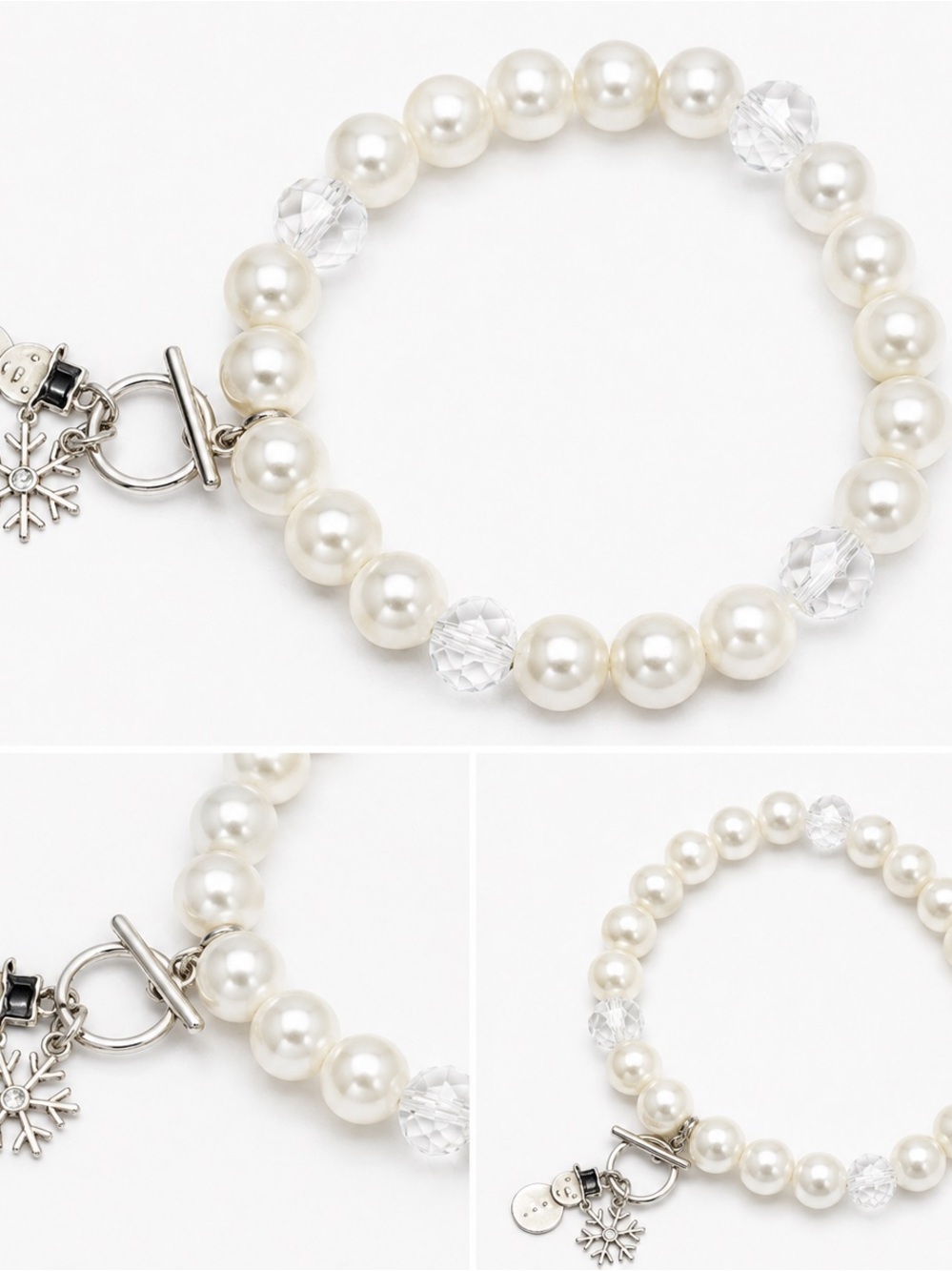 Faux Pearl & Crystal Bead Bracelet Silver Snowflake Charm